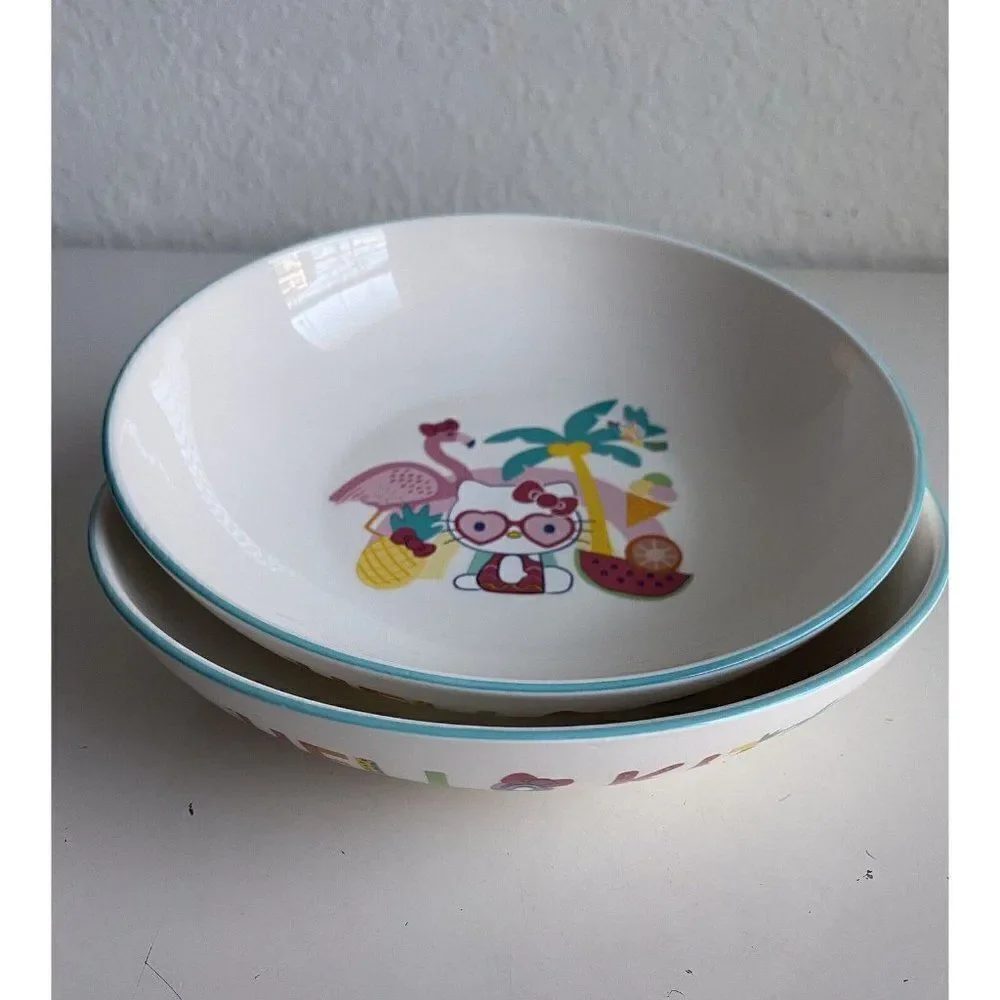 Set Of 2 Sanrio Hello Kitty Beach Summer Tropical Ceramic Pasta Dinner Bowls NEW